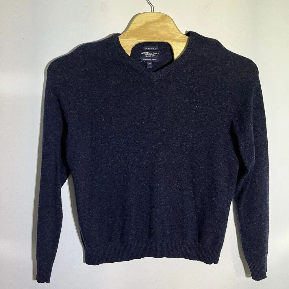 American Eagle Men's L Vintage Slim Fit Sweater V-Neck‎ Lambs Wool Navy Blue Y2K
